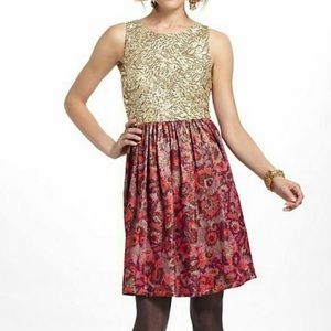 Anthropologie Wren Jacquard Gold Sequin Dress